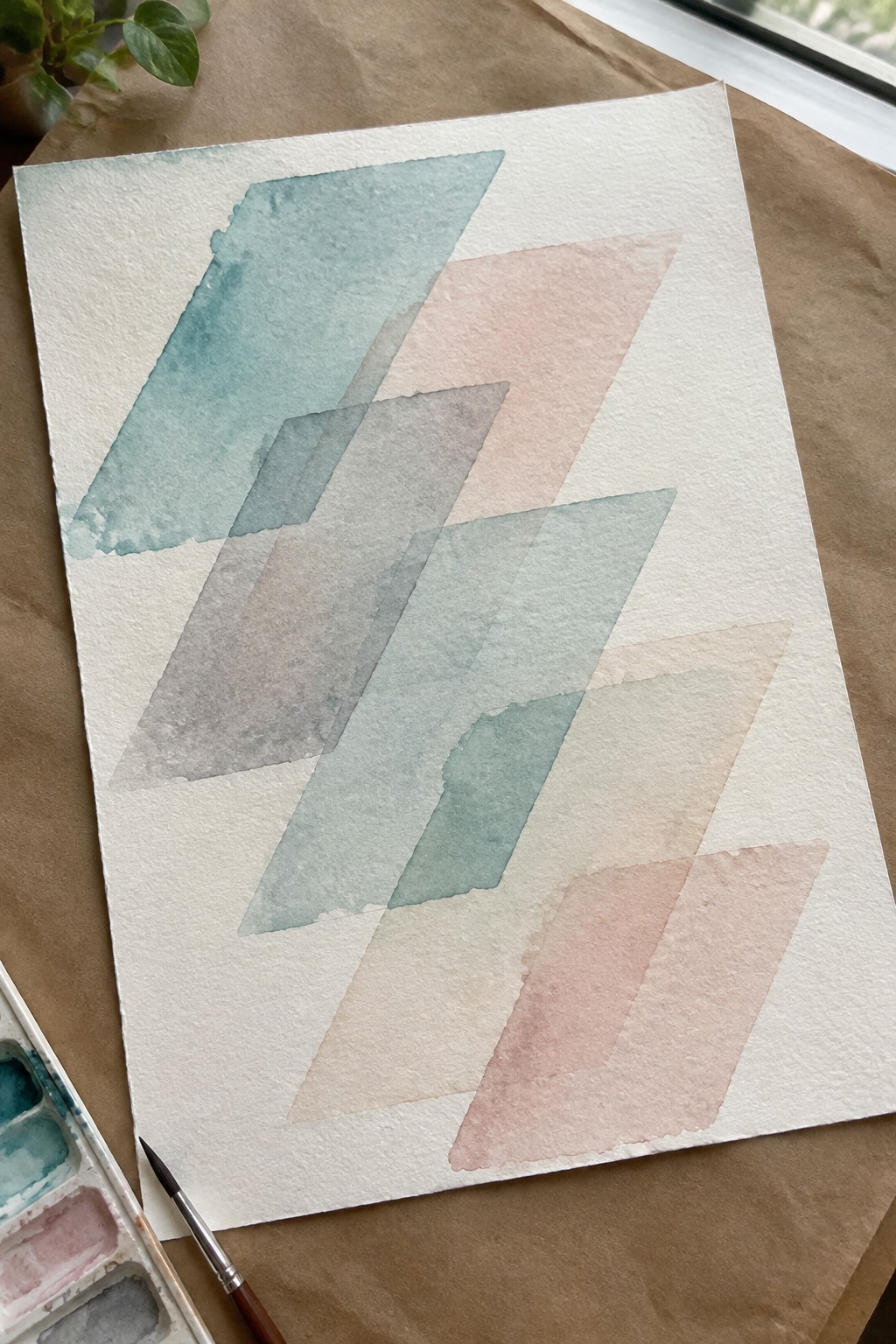 Abstract watercolor with overlapping teal, gray, and pink diagonal shapes beside palette and brush