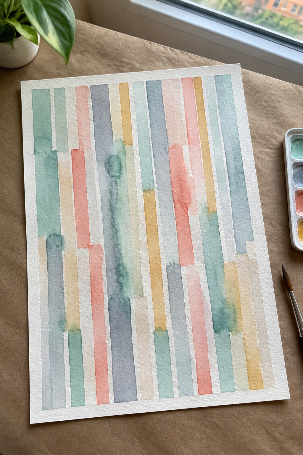 Pastel watercolor painting with vertical stripes beside paint palette and brush on brown surface