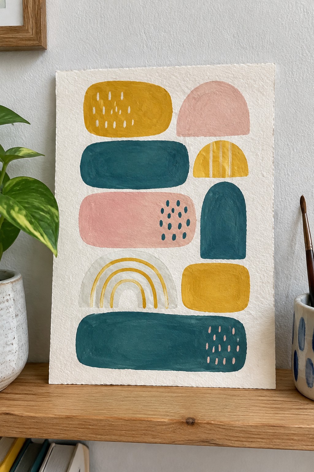 Abstract painting with colorful shapes, rainbow, and dots on wooden shelf beside plant