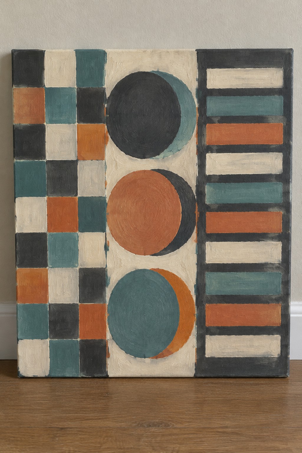 Abstract painting with checkered grid, stacked circles, and vertical stripes in teal and orange.