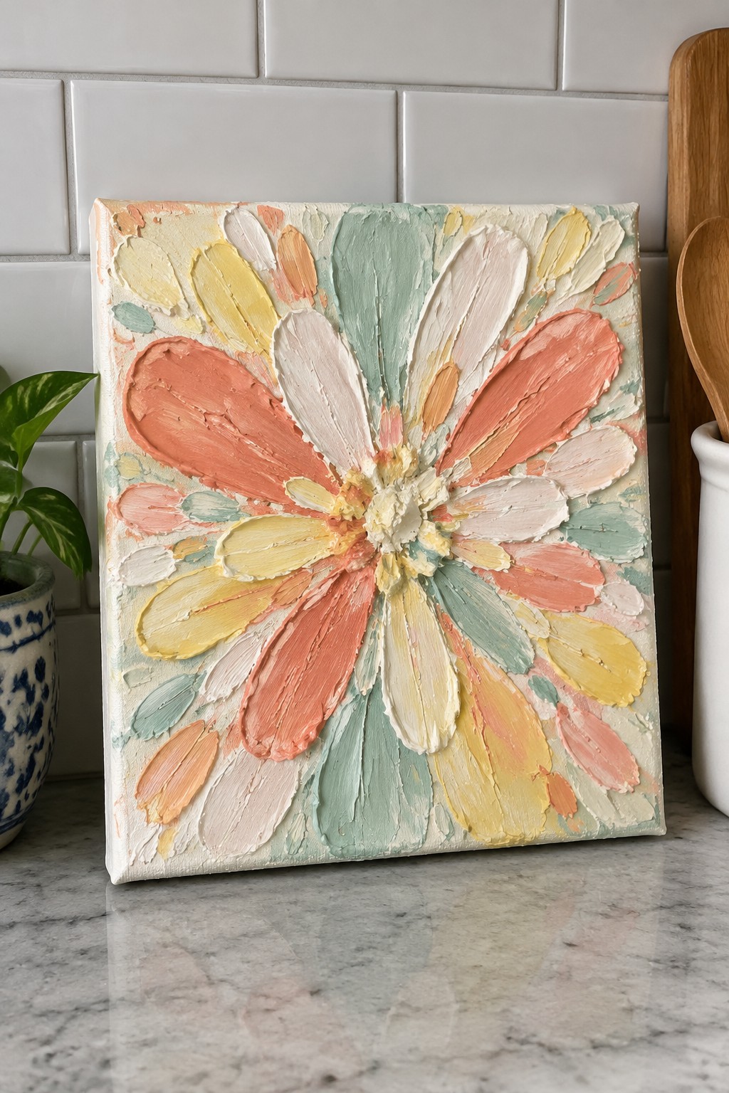 Textured impasto daisy painting with coral, yellow, and mint green petals on canvas