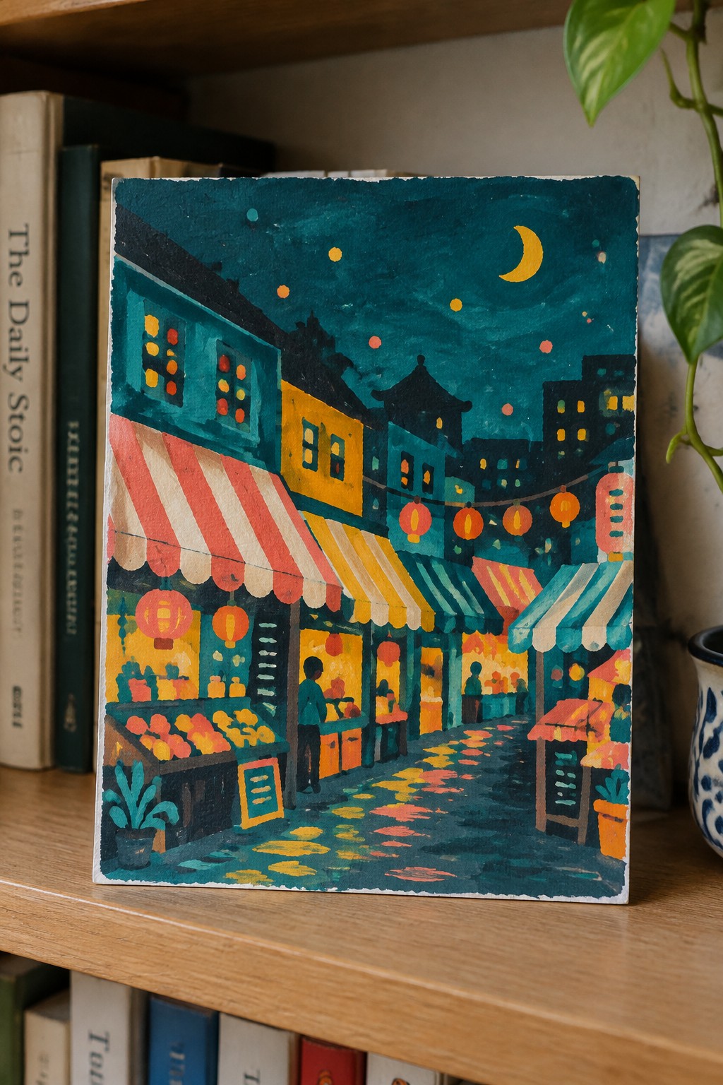 Vibrant gouache night market with striped awnings, red lanterns, and crescent moon.