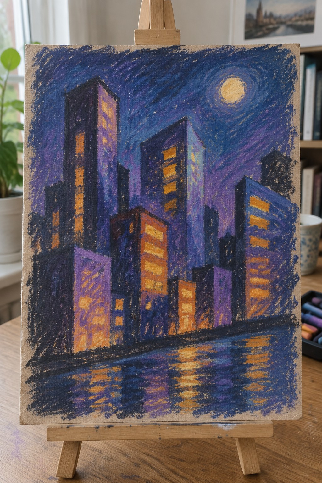 Pastel cityscape on easel with glowing skyscrapers, moon, and water reflections at night