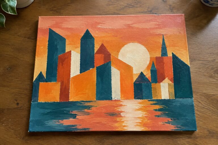 Abstract geometric cityscape with angular teal-orange buildings, pink sunset sky, and water reflections