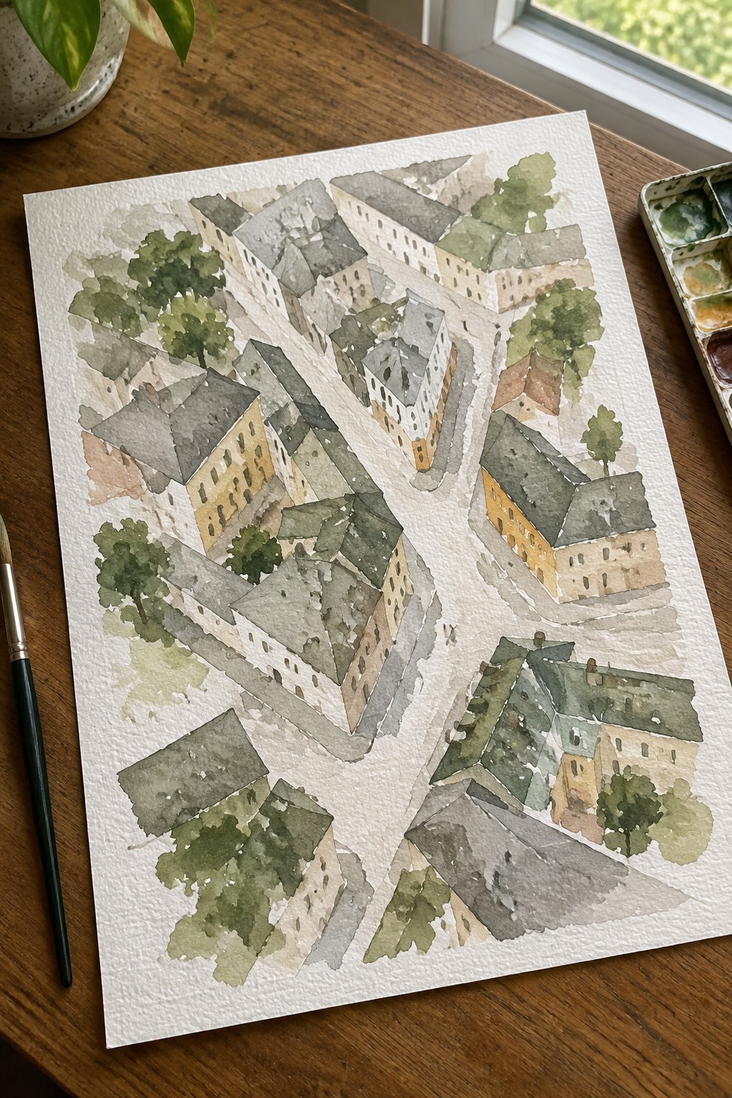 Watercolor painting of aerial town with buildings, trees, brush, and palette on wooden table