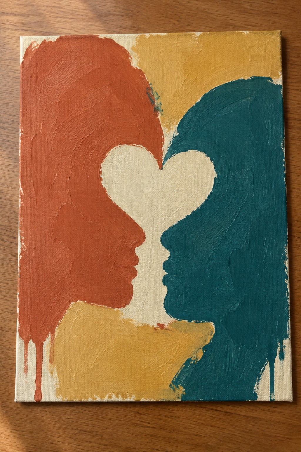 Abstract painting of orange and teal profiles facing to form white heart.