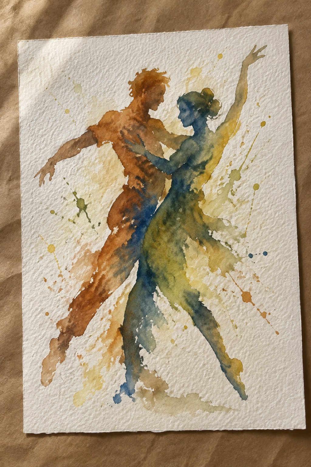 Watercolor of orange-brown male and blue-green female dancers in dynamic embrace with splatters