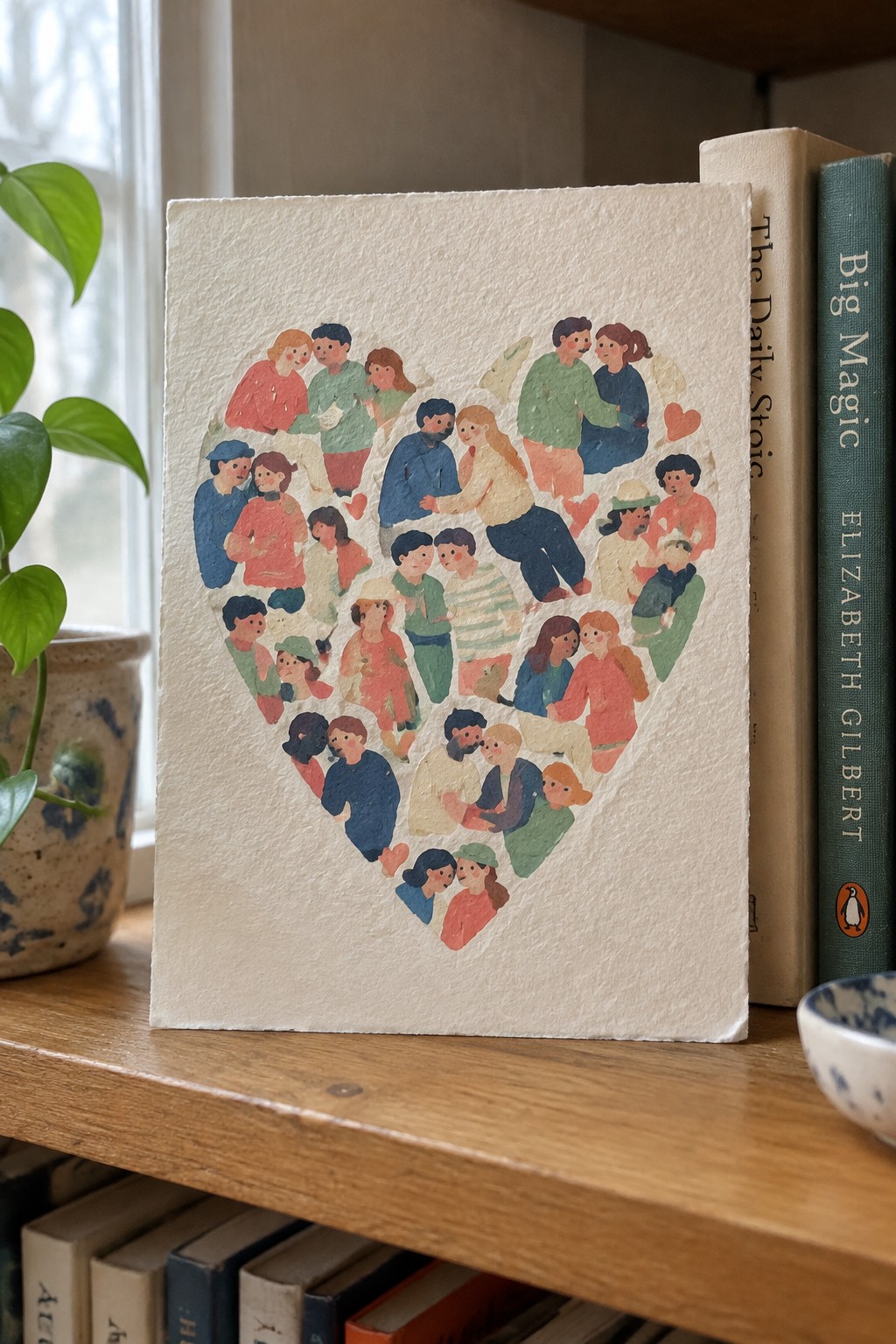Heart-shaped painting of colorful people on textured paper beside books and a plant.