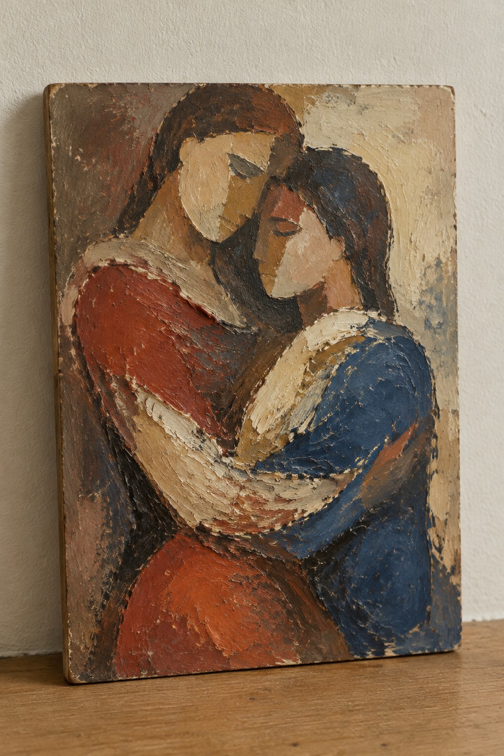 Thickly textured painting of two embracing figures in red and blue attire