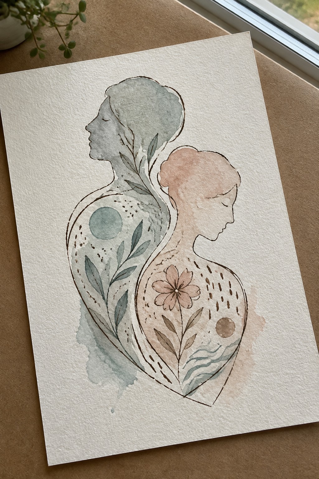 Watercolor of two back-to-back female silhouettes entwined with leaves, flowers and celestial motifs.
