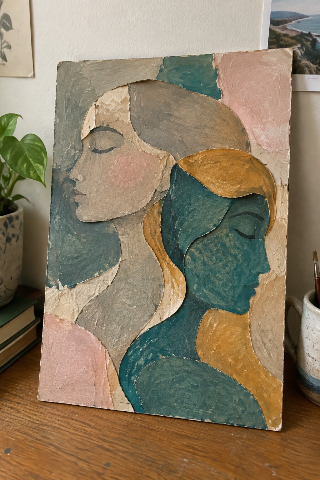 Textured abstract relief of two overlapping women's profiles in teal, beige, and pink.