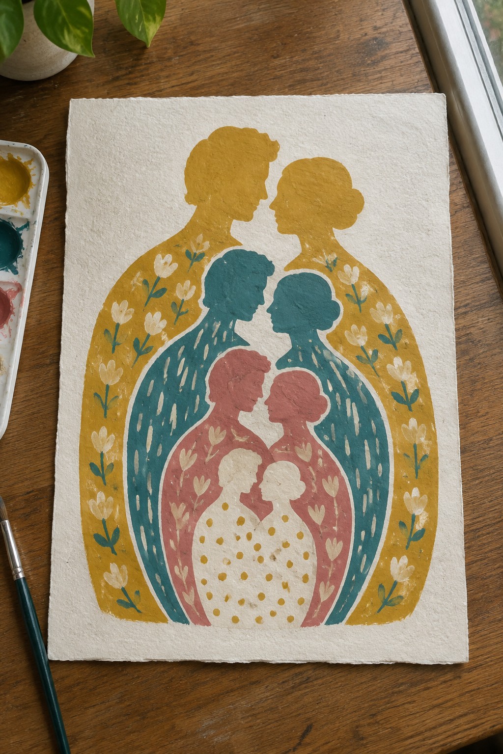 Nested family silhouettes in yellow, teal, and red with floral patterns on paper.