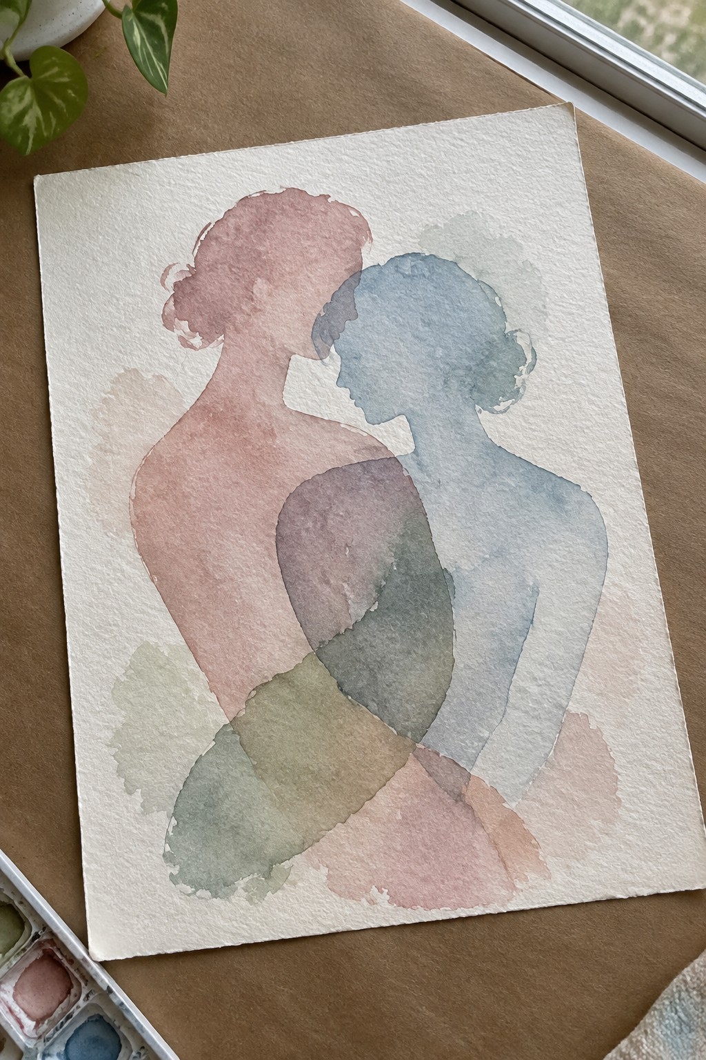 Watercolor silhouettes of two women overlapping in soft pink and blue tones