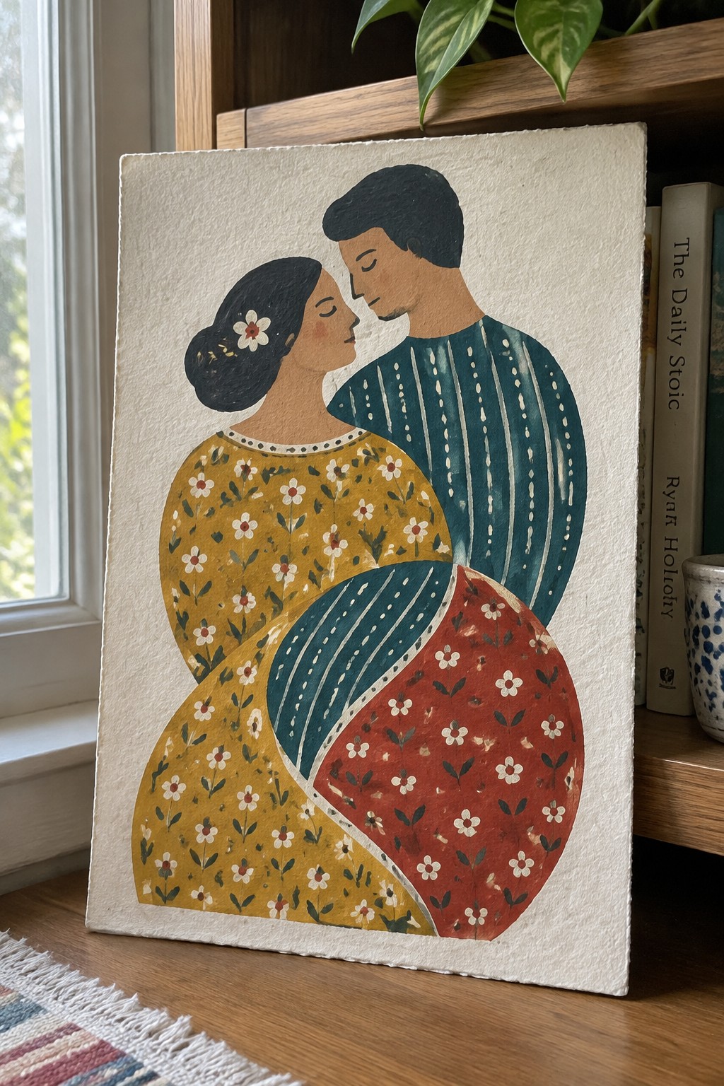 Stylized painting of couple foreheads touching, woman in yellow floral dress, man in teal stripes.