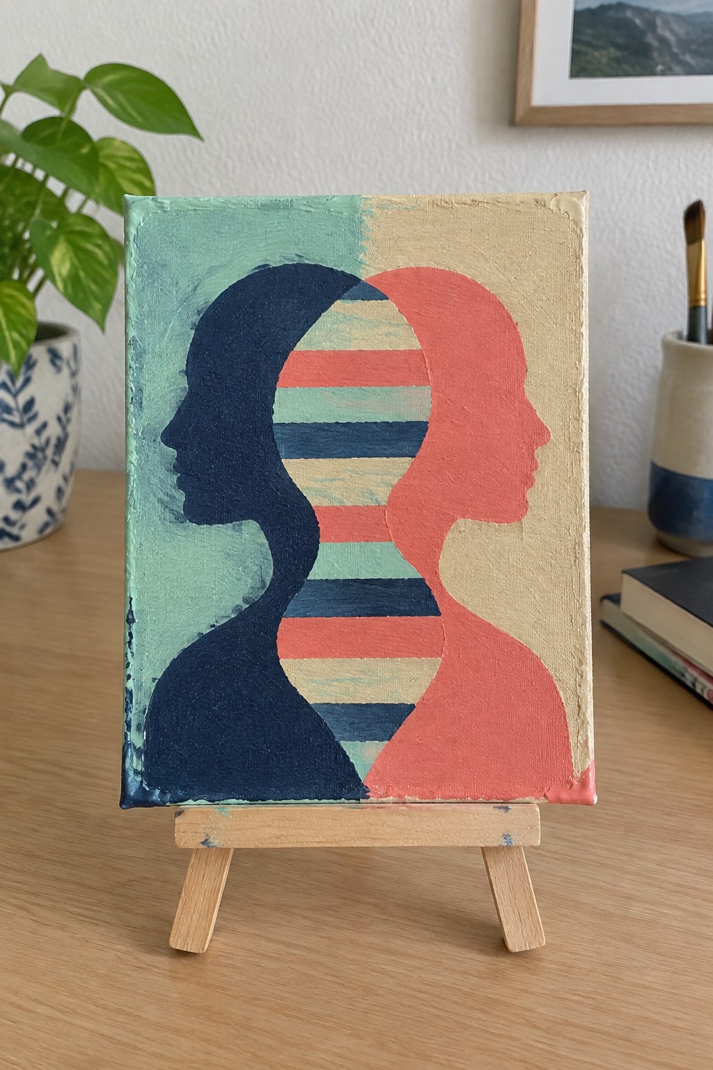 Abstract canvas on easel with overlapping blue and coral profile silhouettes and stripes