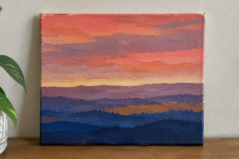 18 Expressive Abstract Landscape Paintings Using Atmospheric Color Bands Layered sunset painting with vibrant orange, pink, and purple sky over dark mountains.