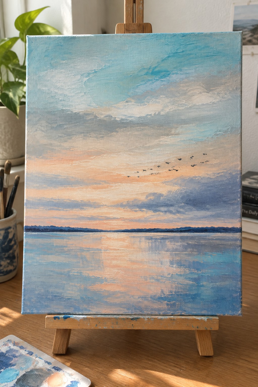 Painting on easel of sunset sky with clouds, birds, and calm reflective water