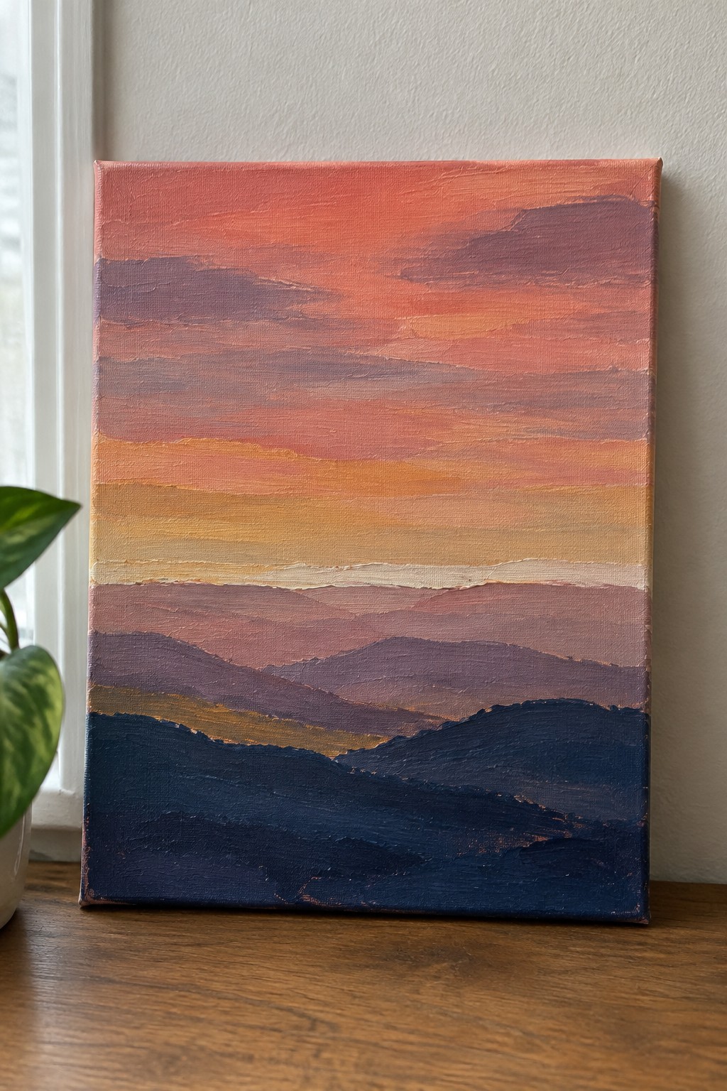 Layered sunset painting with vibrant orange, pink, and purple sky over dark mountains.