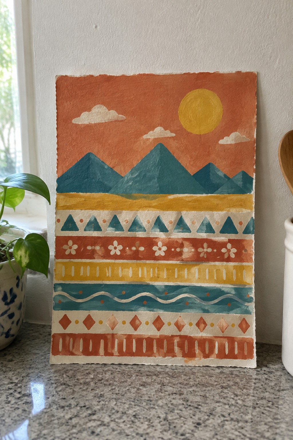 Watercolor painting of teal mountains under orange sky with yellow sun and patterned bands.