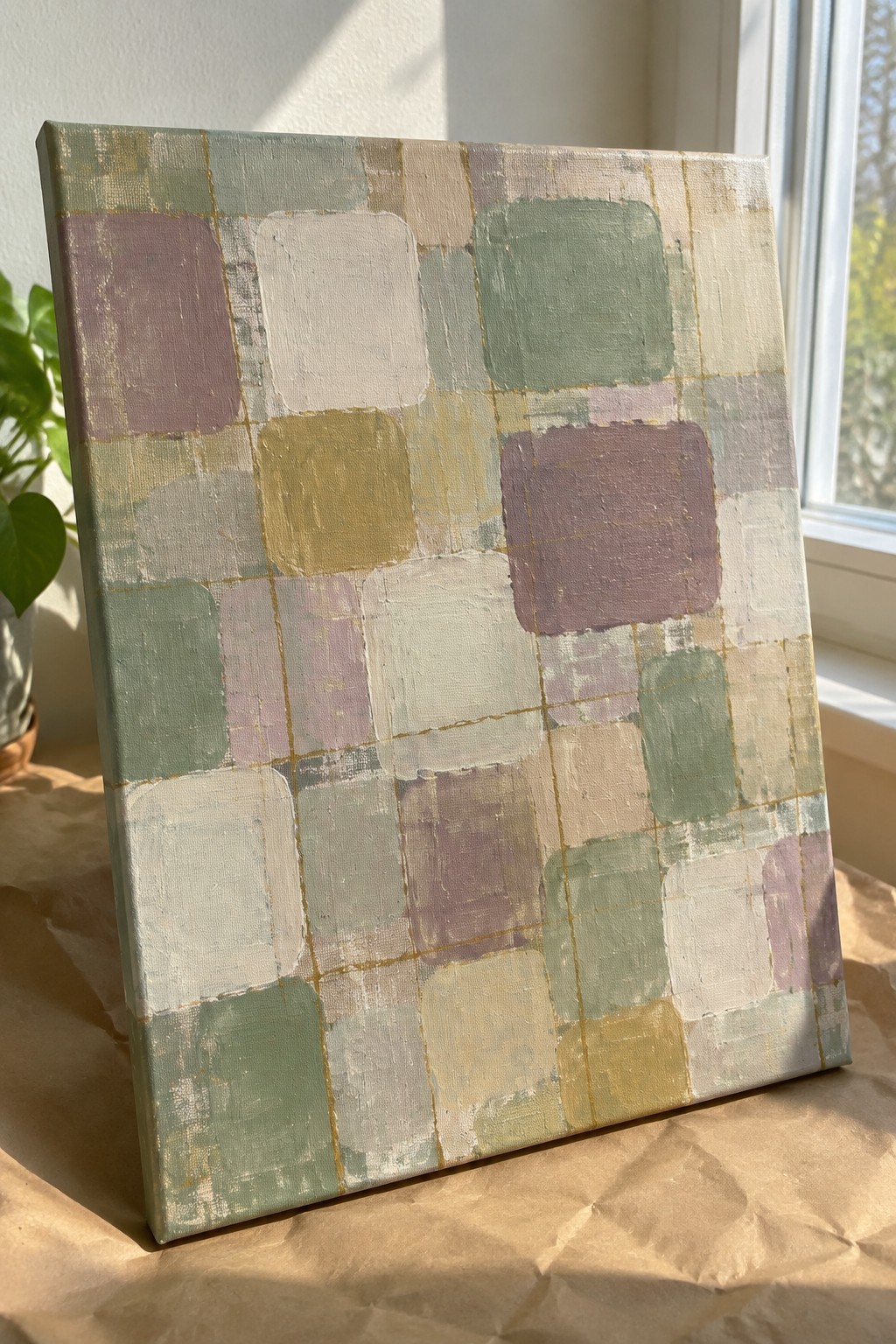 Abstract canvas with pastel grid squares and gold lines near sunny window