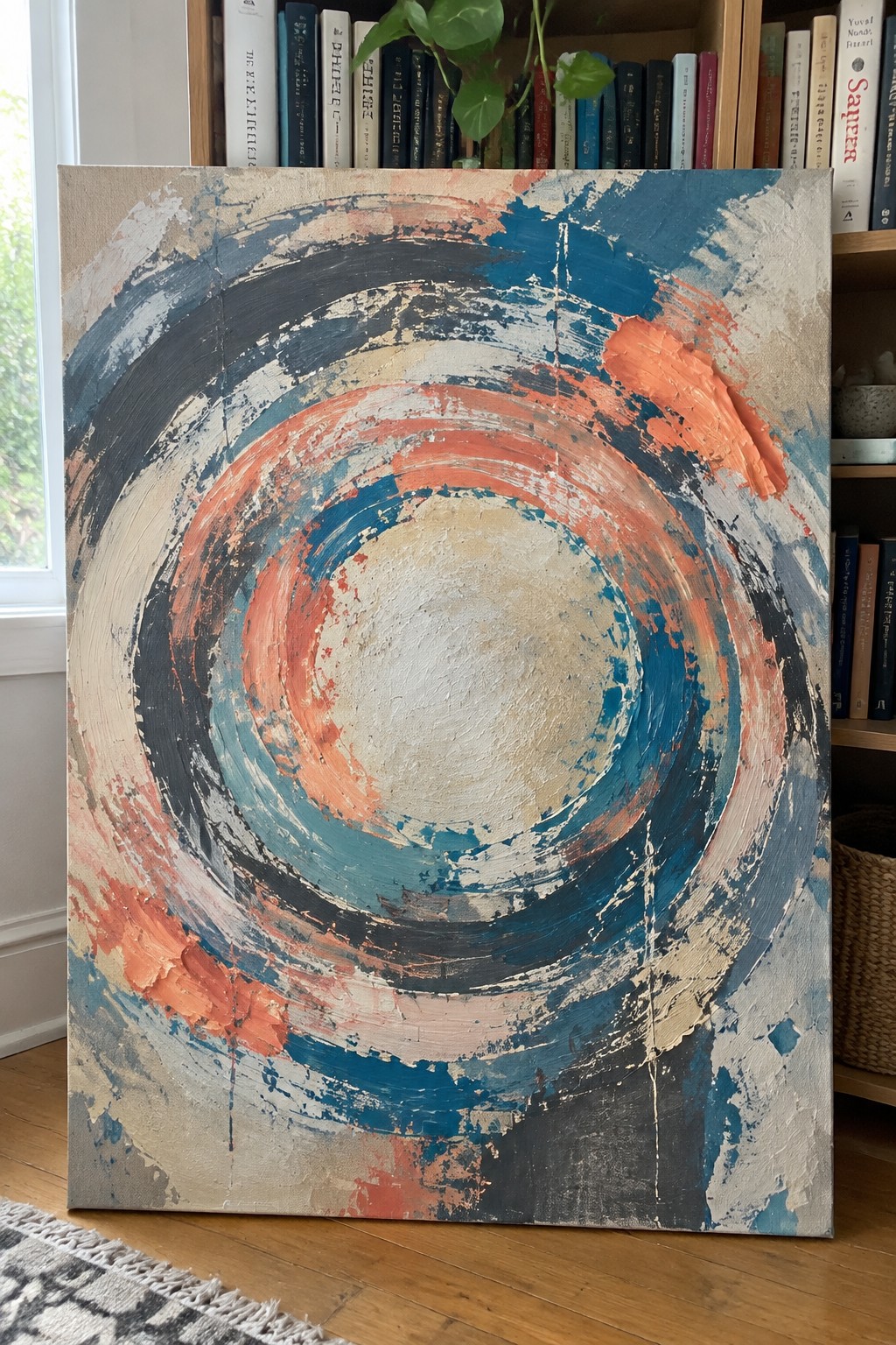 Abstract painting with swirling blue, orange, and gray concentric circles on canvas before bookshelf