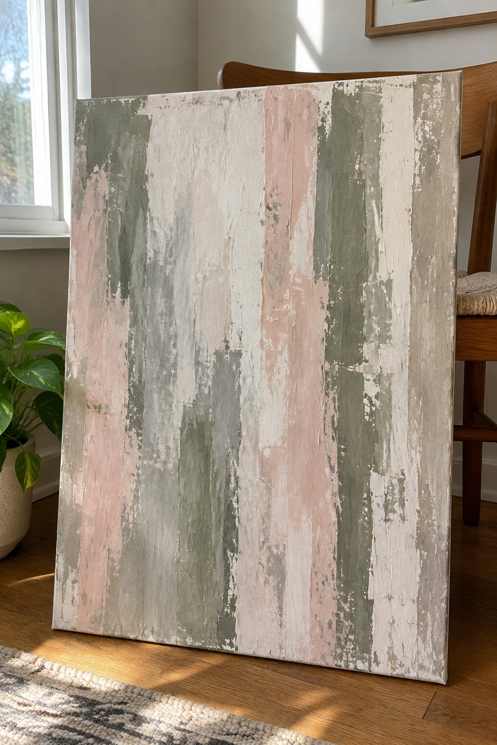 Distressed abstract canvas with vertical stripes in soft pink, green, gray, and white