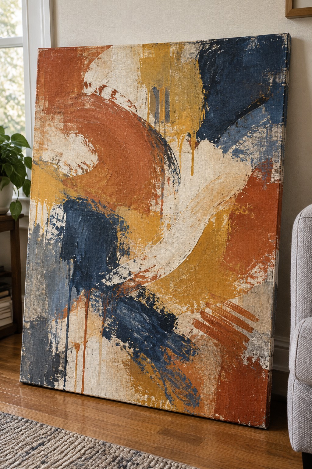Abstract canvas with bold orange, navy, and yellow drips leaning on wood floor