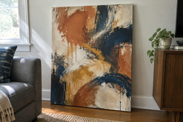 18 Large Abstract Acrylic Paintings Built Around Expressive Brushwork Abstract canvas with bold orange, navy, and yellow drips leaning on wood floor