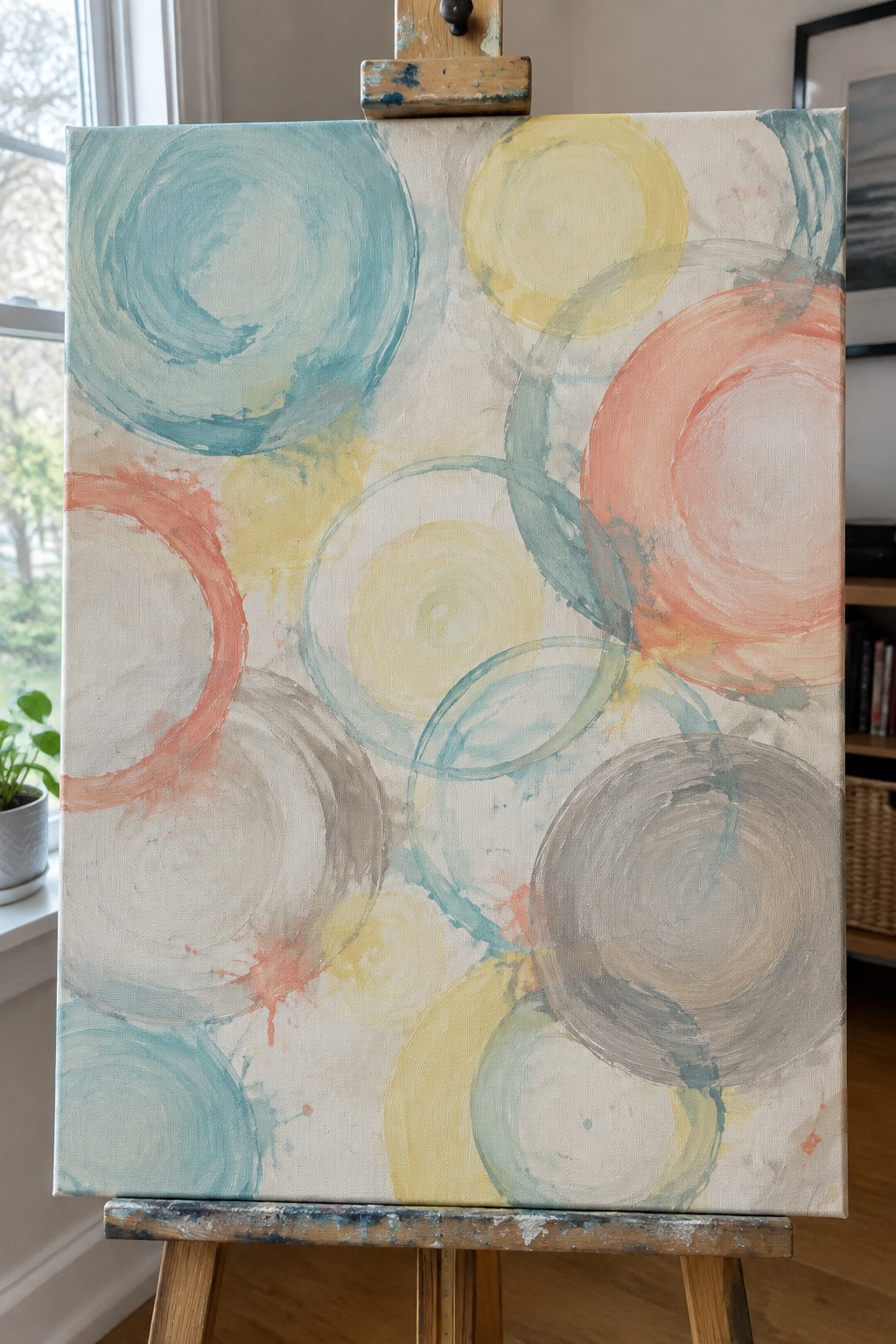 Abstract painting with overlapping blue, yellow, coral and gray circles on wooden easel