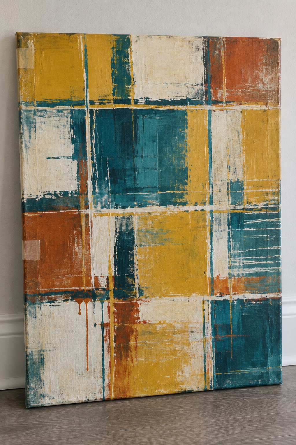 Abstract painting with yellow, teal, orange, and white grid patterns on canvas.