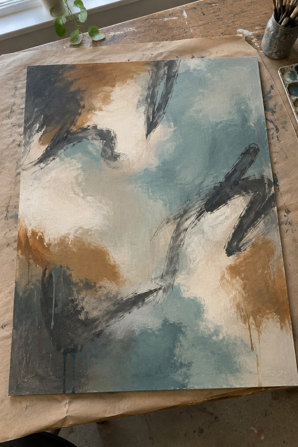 Abstract painting with teal, brown, and black brushstrokes on canvas in art studio