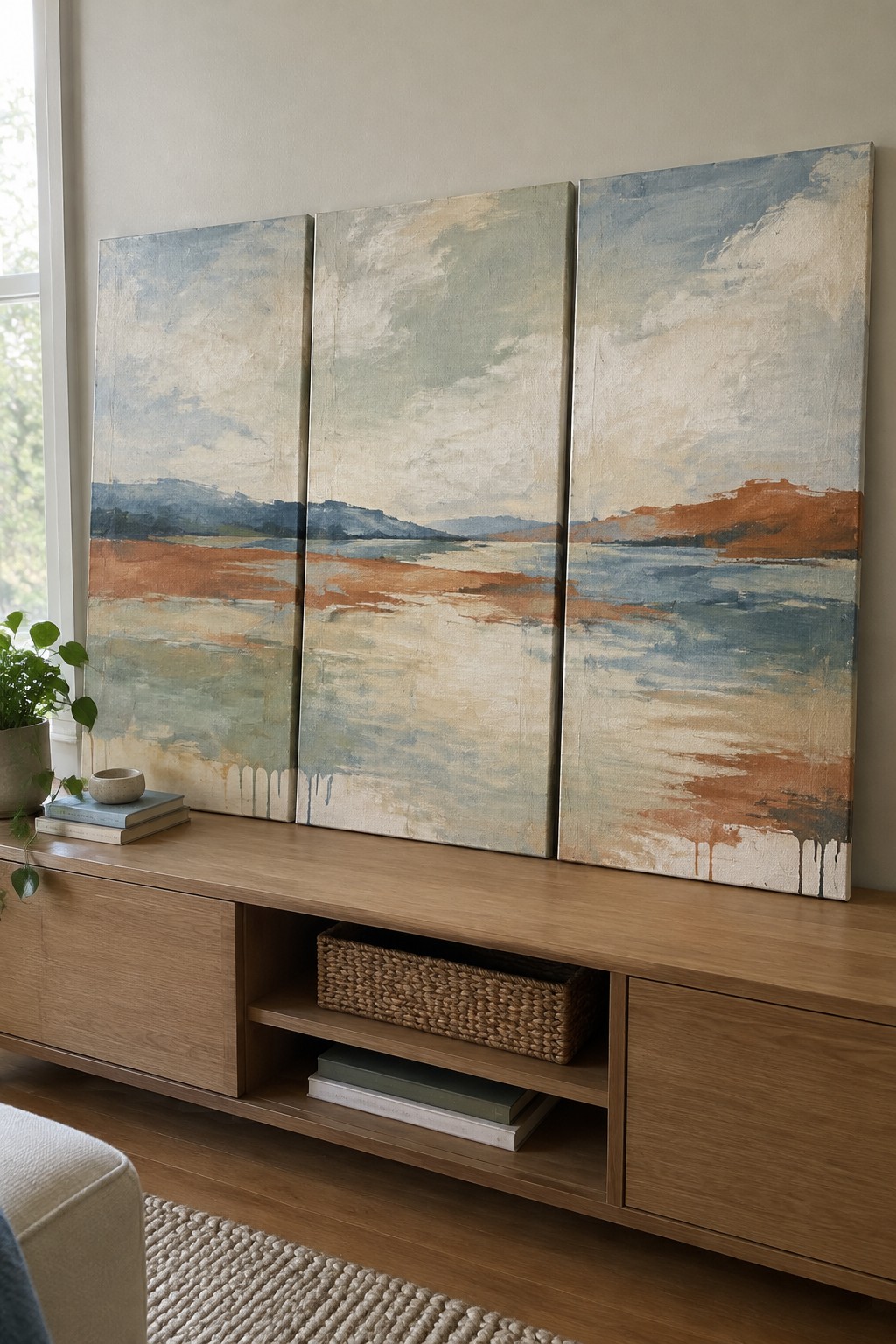 Abstract triptych landscape painting above wooden console with plant and basket
