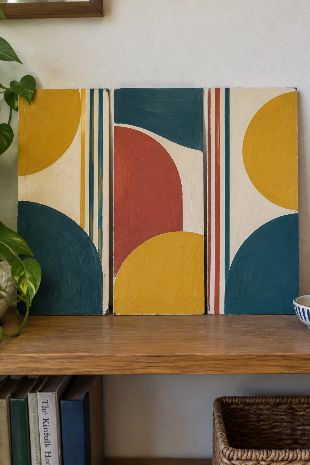 Three abstract paintings with geometric shapes in yellow, teal, and red on wooden shelf.
