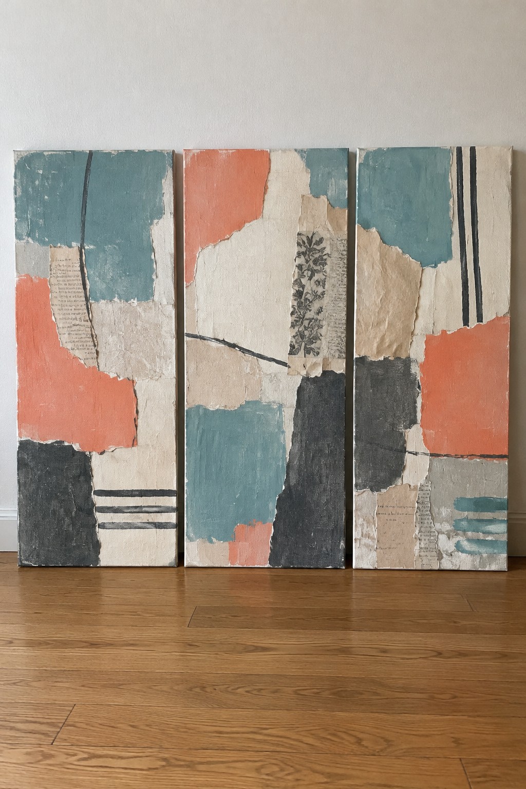 Three abstract collage paintings with teal, coral, and black accents on wooden floor