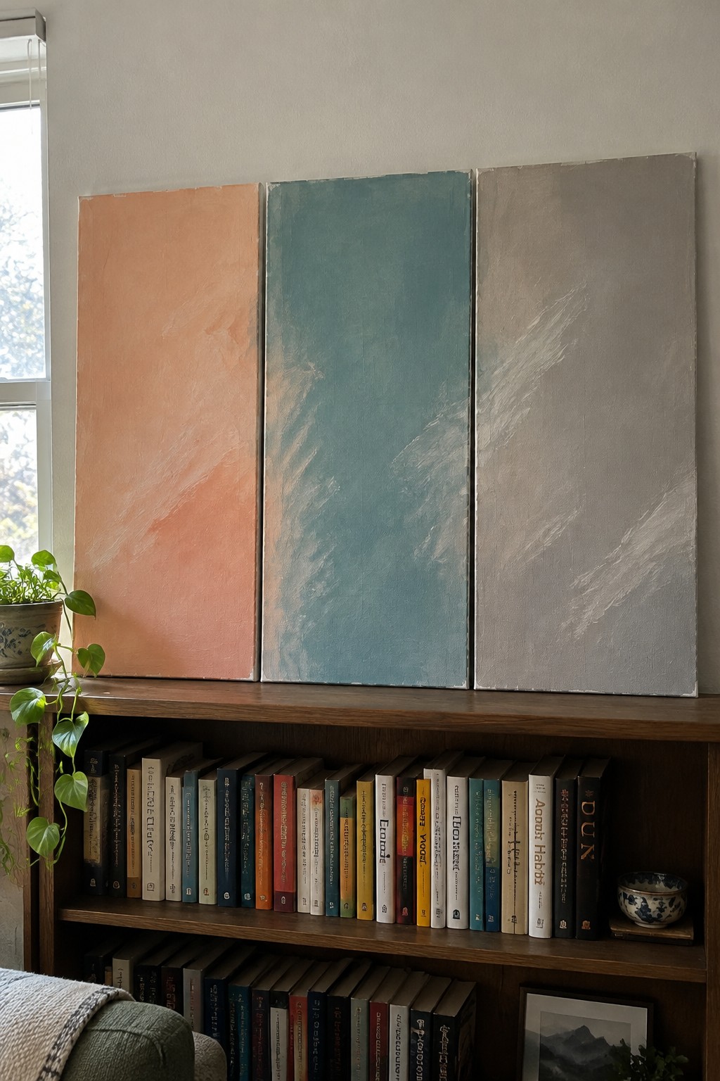 Three abstract paintings in peach, teal, and gray above bookshelves with a potted plant.