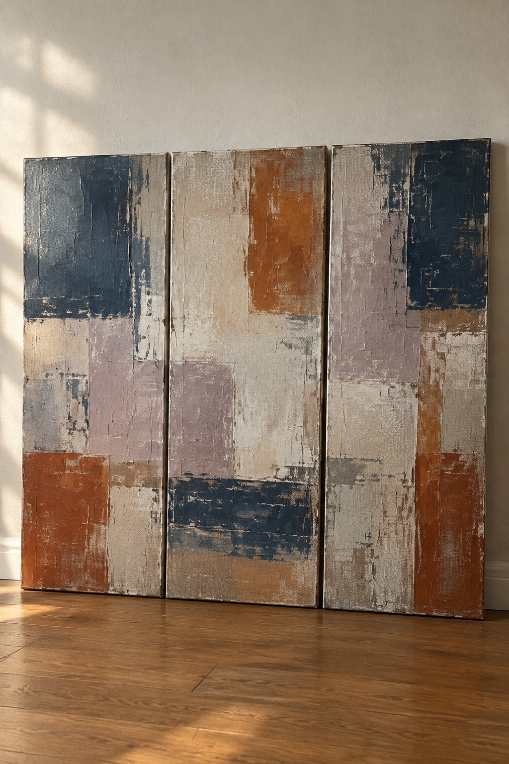 Three abstract canvases with blue, orange, and beige patches lean against a wall.
