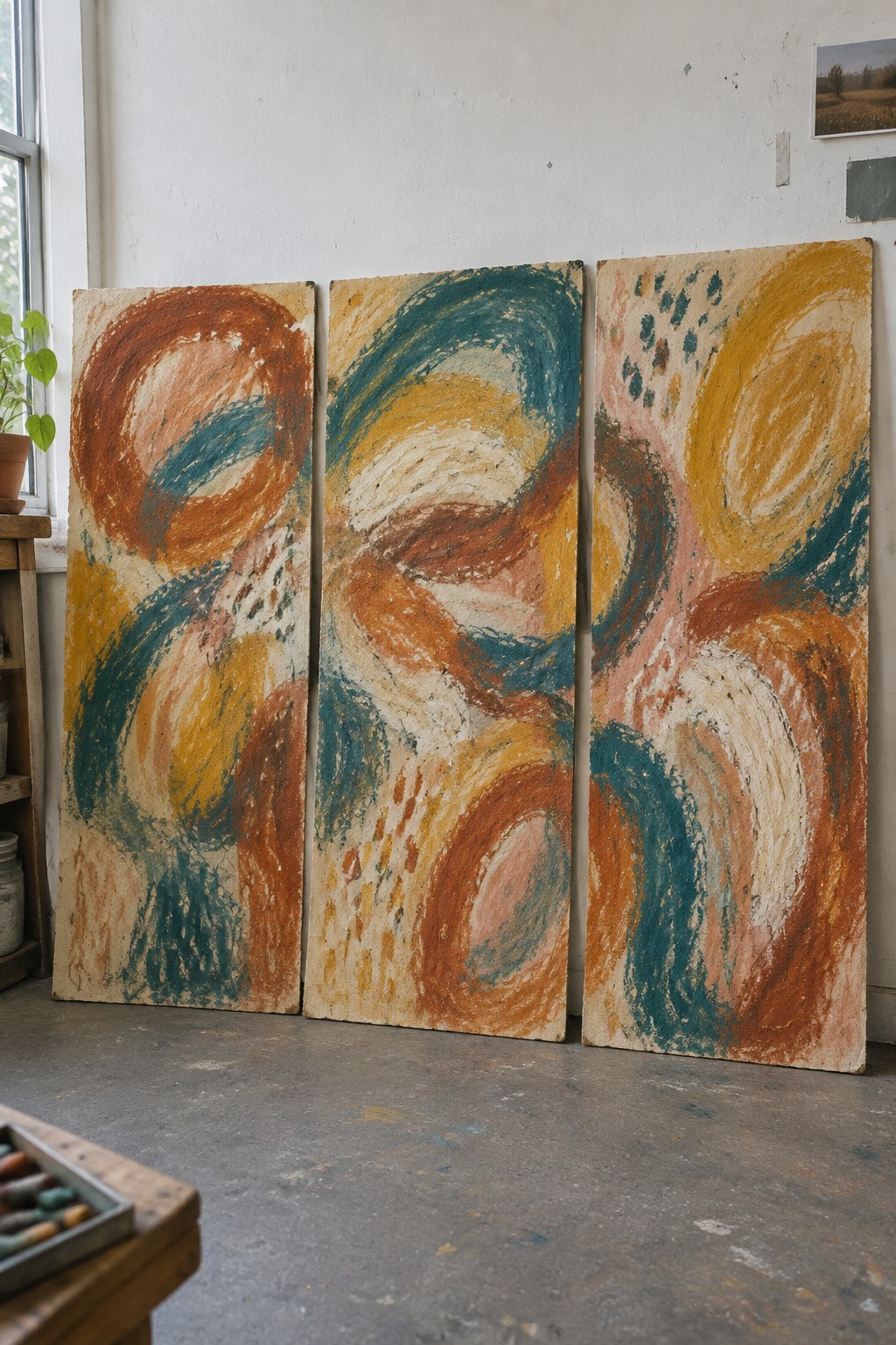 Three abstract paintings with swirling orange, teal, and yellow forms leaning in art studio