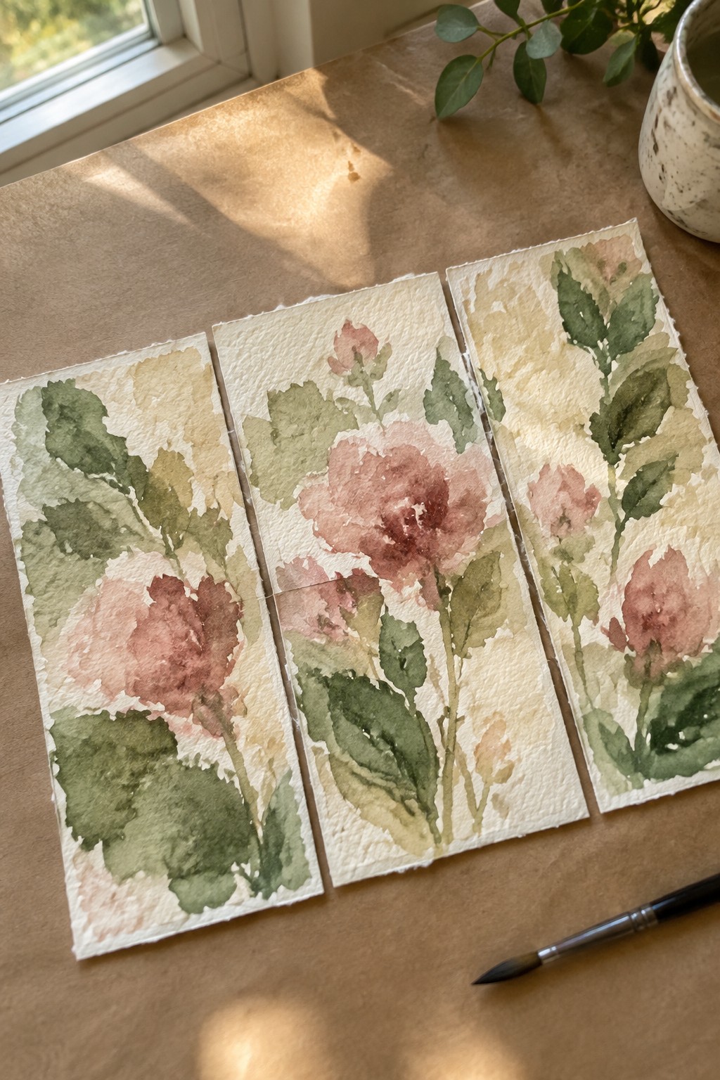 Three vertical watercolor panels with pink flowers and green leaves placed side by side on a table.