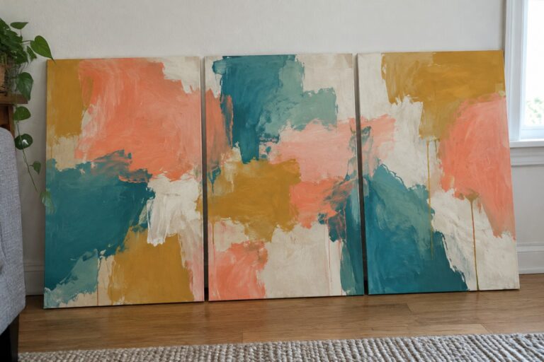18 Large Abstract Paintings Arranged as Three Coordinated Panels Three large abstract paintings with coral, teal, orange, and yellow brushstrokes leaning on a wall.