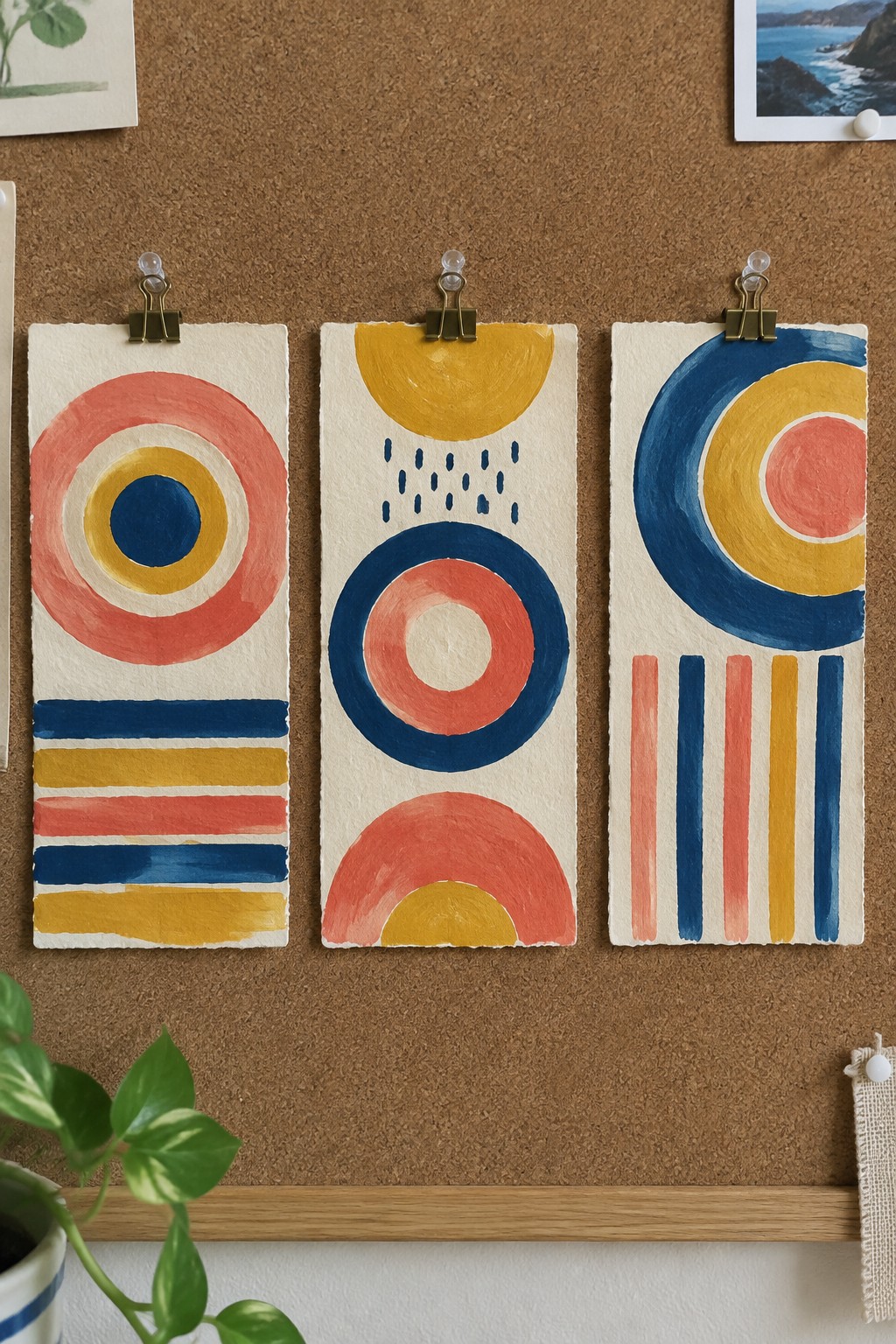 Three abstract watercolor artworks with colorful circles and stripes pinned to corkboard