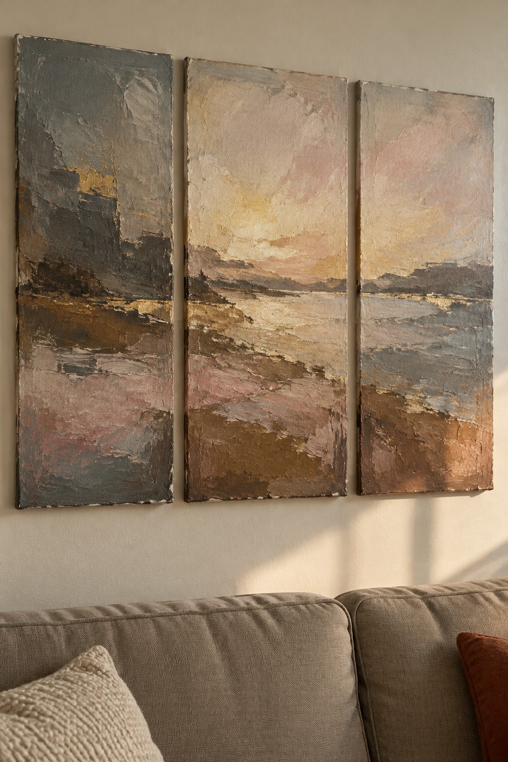 Three abstract landscape paintings in earthy tones above a beige sofa.