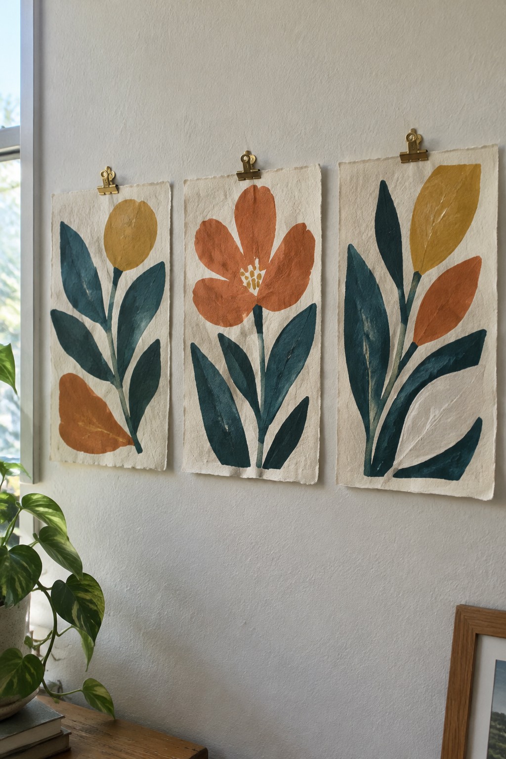 Three abstract floral paintings in teal, orange, and yellow clipped to white wall