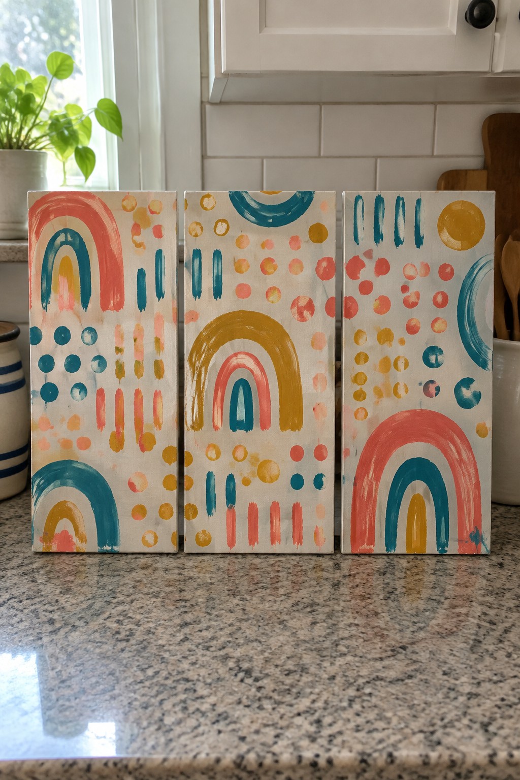 Three abstract rainbow paintings with colorful dots and arches on a kitchen counter