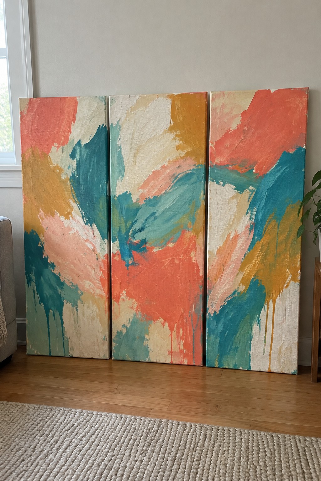 Three large abstract paintings with coral, teal, orange, and yellow brushstrokes leaning on a wall.