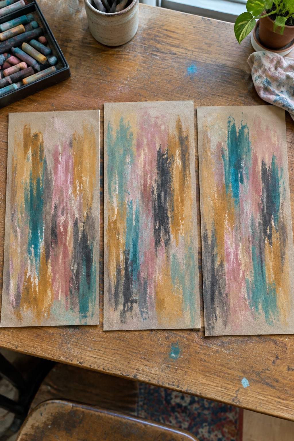 Three abstract pastel paintings with vertical colorful streaks on wooden table with supplies