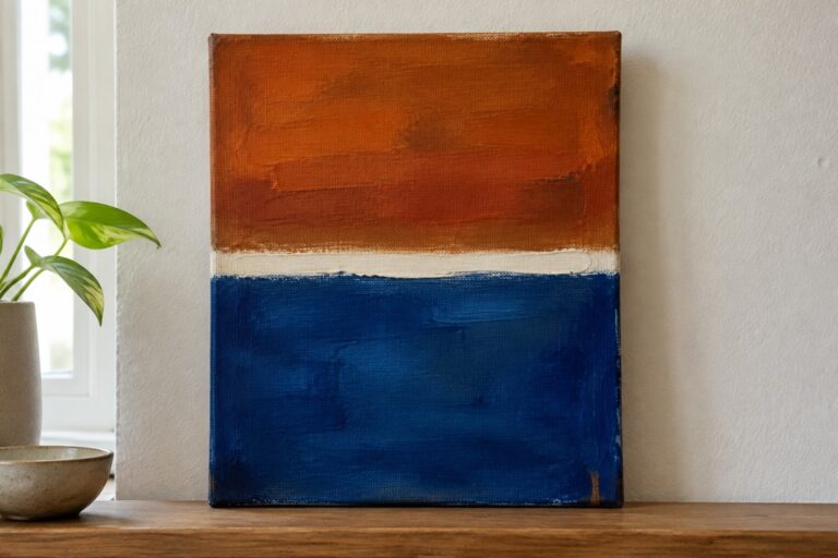 Abstract painting in brown, white stripe, and blue on shelf beside plant and books