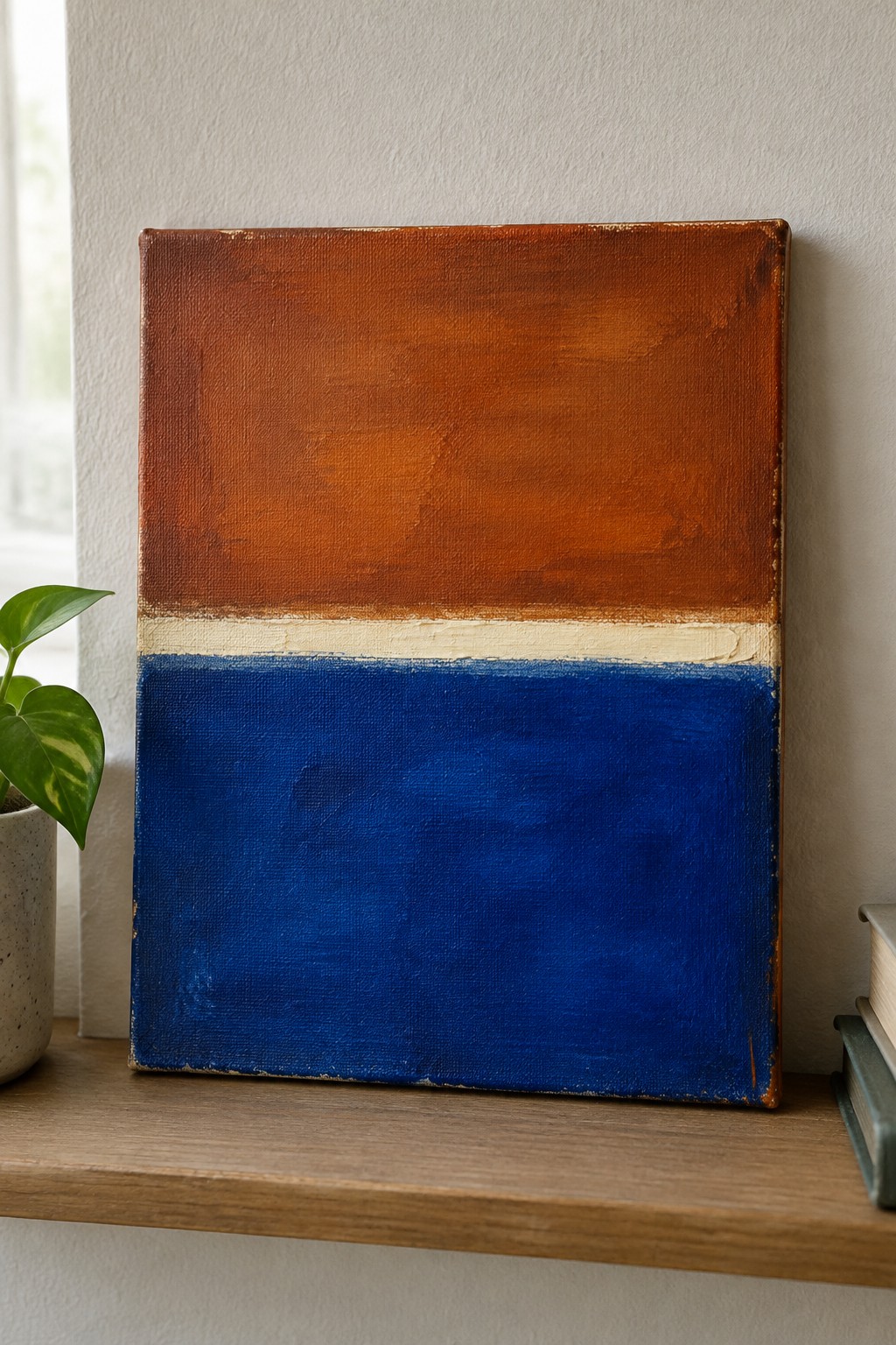 Abstract painting in brown, white stripe, and blue on shelf beside plant and books