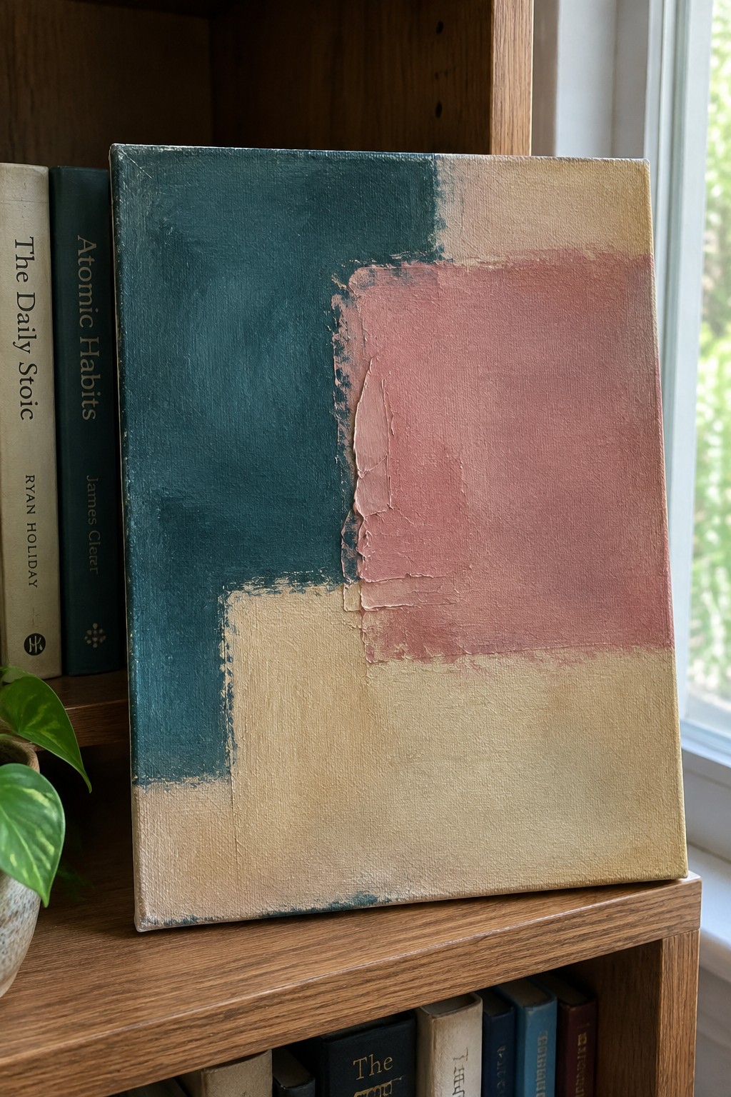 Abstract painting with teal, pink, and beige blocks on bookshelf beside Atomic Habits book