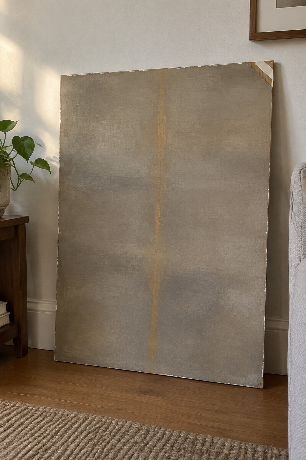 Large abstract canvas with vertical gold stripe leaning on wooden floor beside plant
