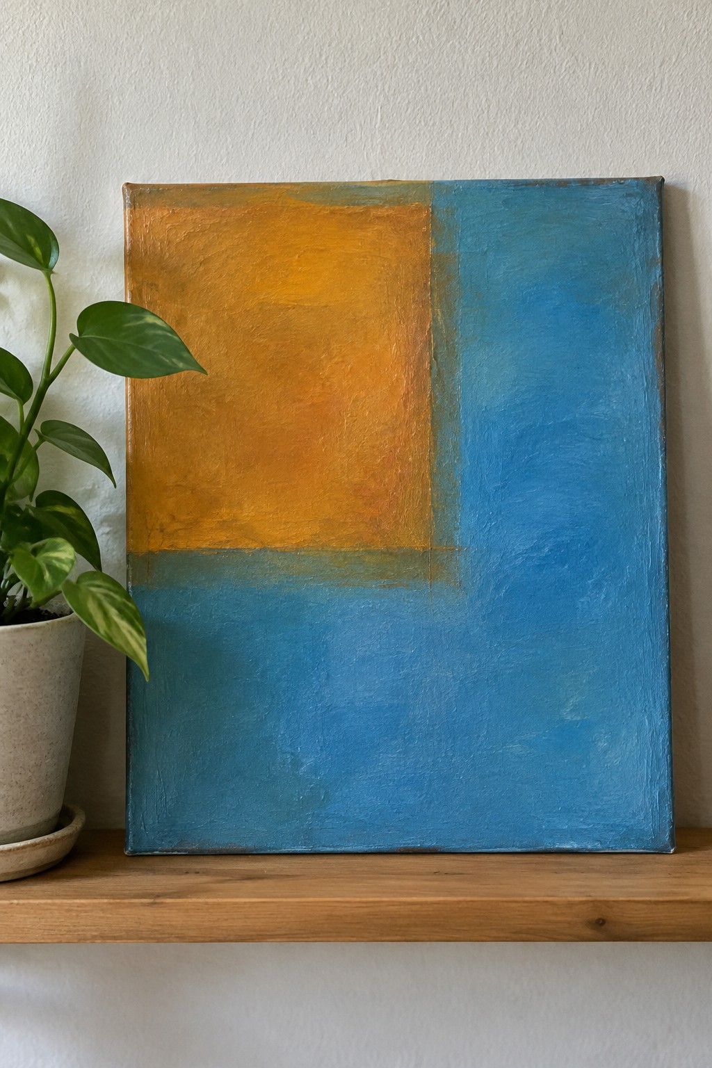 Abstract orange-blue painting on wooden shelf beside potted green plant against white wall
